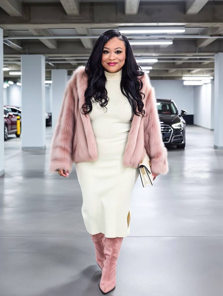 Cream Knit Midi Dress with Pink Faux Fur Coat for a Festive Party Cream Knit Midi Dress with Pink Faux Fur Coat for a Festive Party — Holiday Outfits 2026
