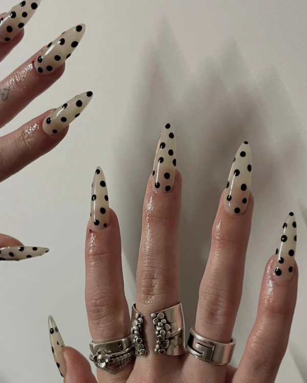 Both Hands Close-Up Long Stiletto Sheer Nude with Black Dots Both Hands Close-Up Long Stiletto Sheer Nude with Black Dots — Polka Dot Nails 2027