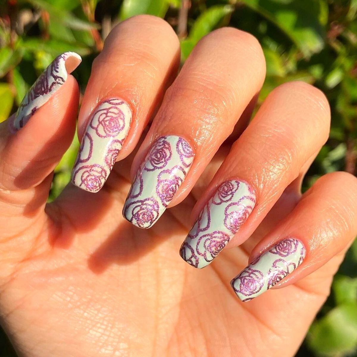 Glittery Rose Pattern Long Coffins — Rose Nails 2027