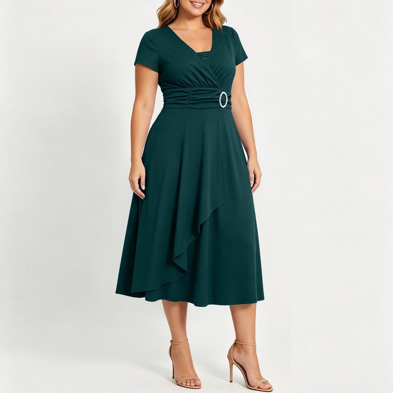 Emerald Green Ruched Jersey Dress with Embellished Buckle Emerald Green Ruched Jersey Dress with Embellished Buckle — Plus Size Wedding Guest Outfits 2027