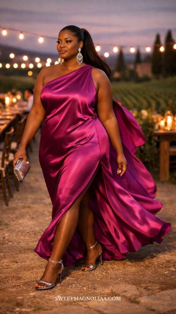 Fuchsia Satin One-Shoulder Draped Gown Fuchsia Satin One-Shoulder Draped Gown — Sweet 16 Guest Outfits 2027