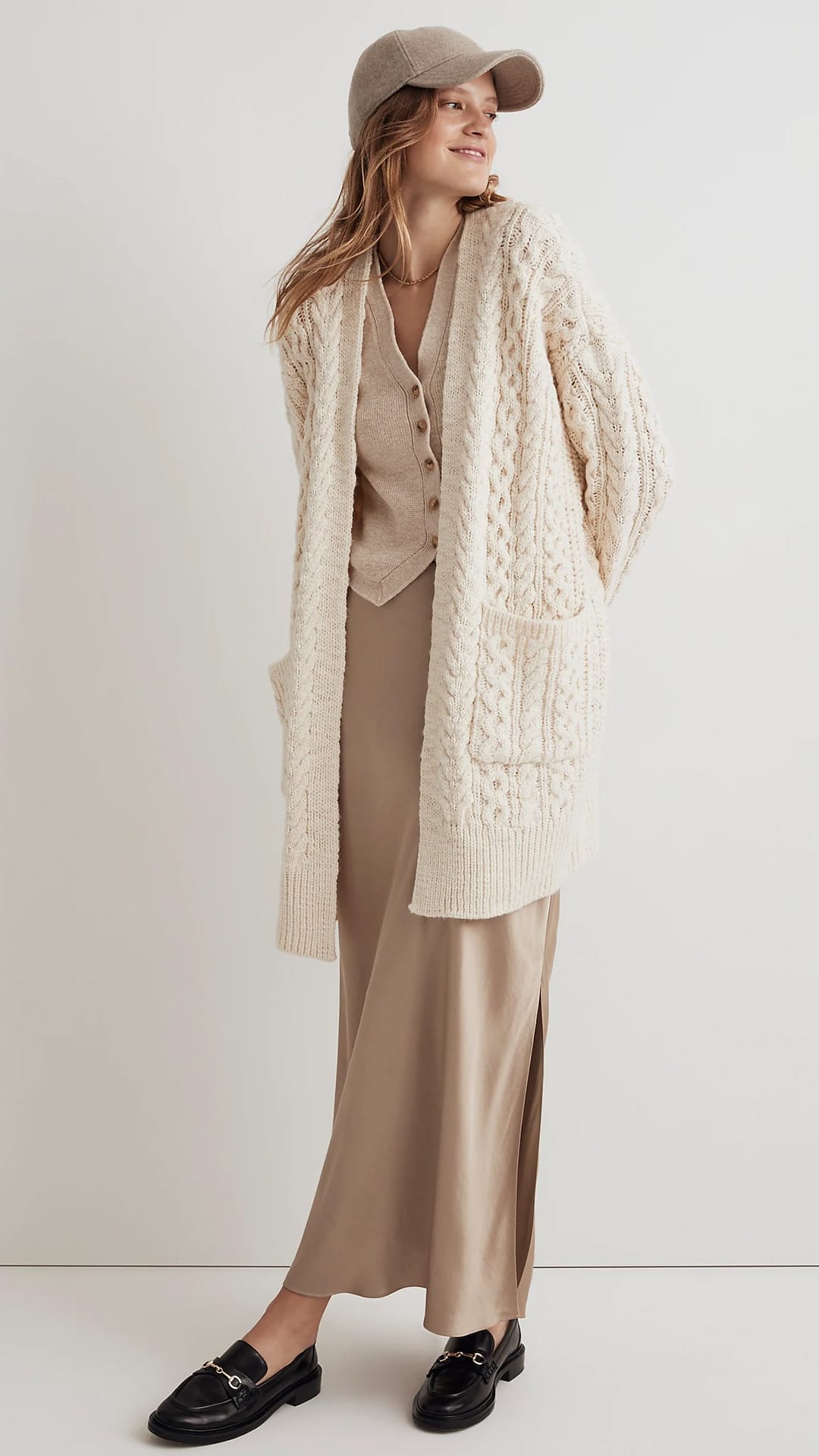 Cream Cable Knit Cardigan Over Slip Dress and Vest Cream Cable Knit Cardigan Over Slip Dress and Vest — Fall Cardigan Outfits 2026