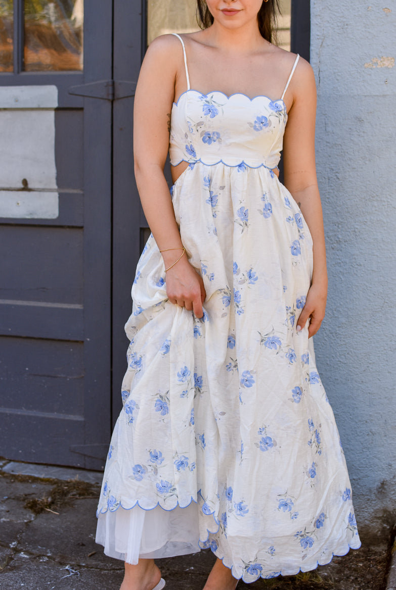 Bohemian White Linen Floral Maxi with Scalloped Trim — Bridal Shower Dresses 2027