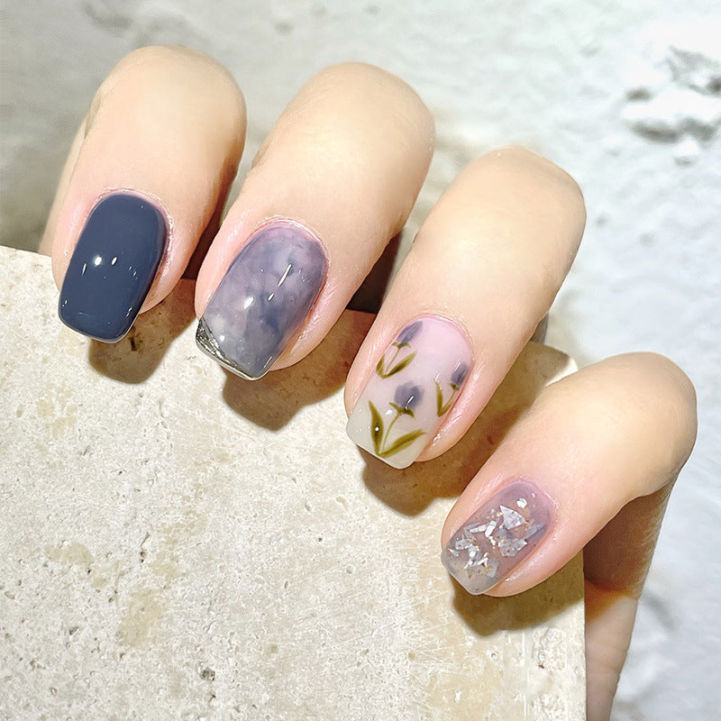 Blue Floral Shimmer Sheer Nude Square Nails Blue Floral Shimmer Sheer Nude Square Nails — Short Press On Nails 2027