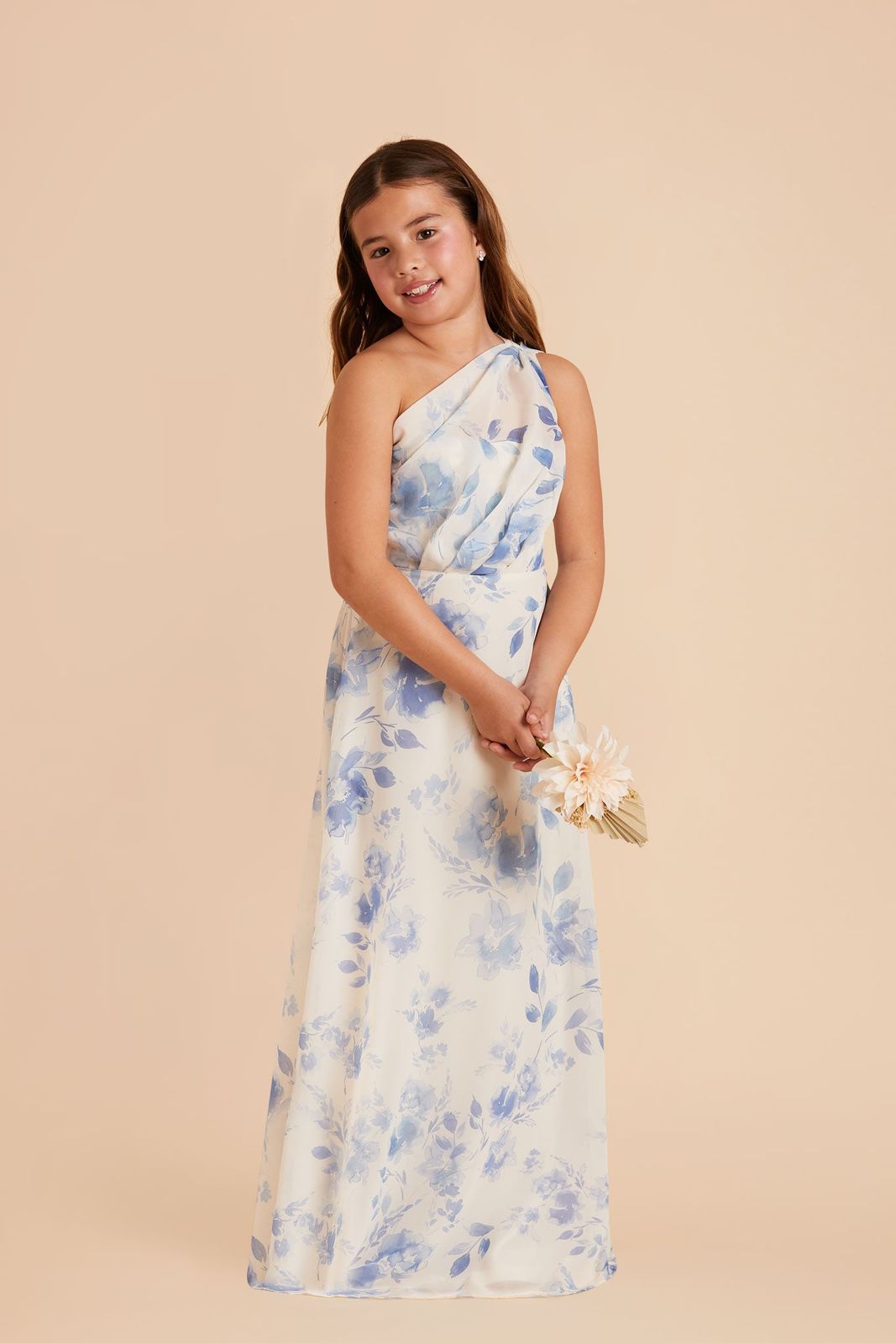 Blue and White Floral Print One-Shoulder Chiffon Dress Blue and White Floral Print One-Shoulder Chiffon Dress — Junior Bridesmaid Dress 2027