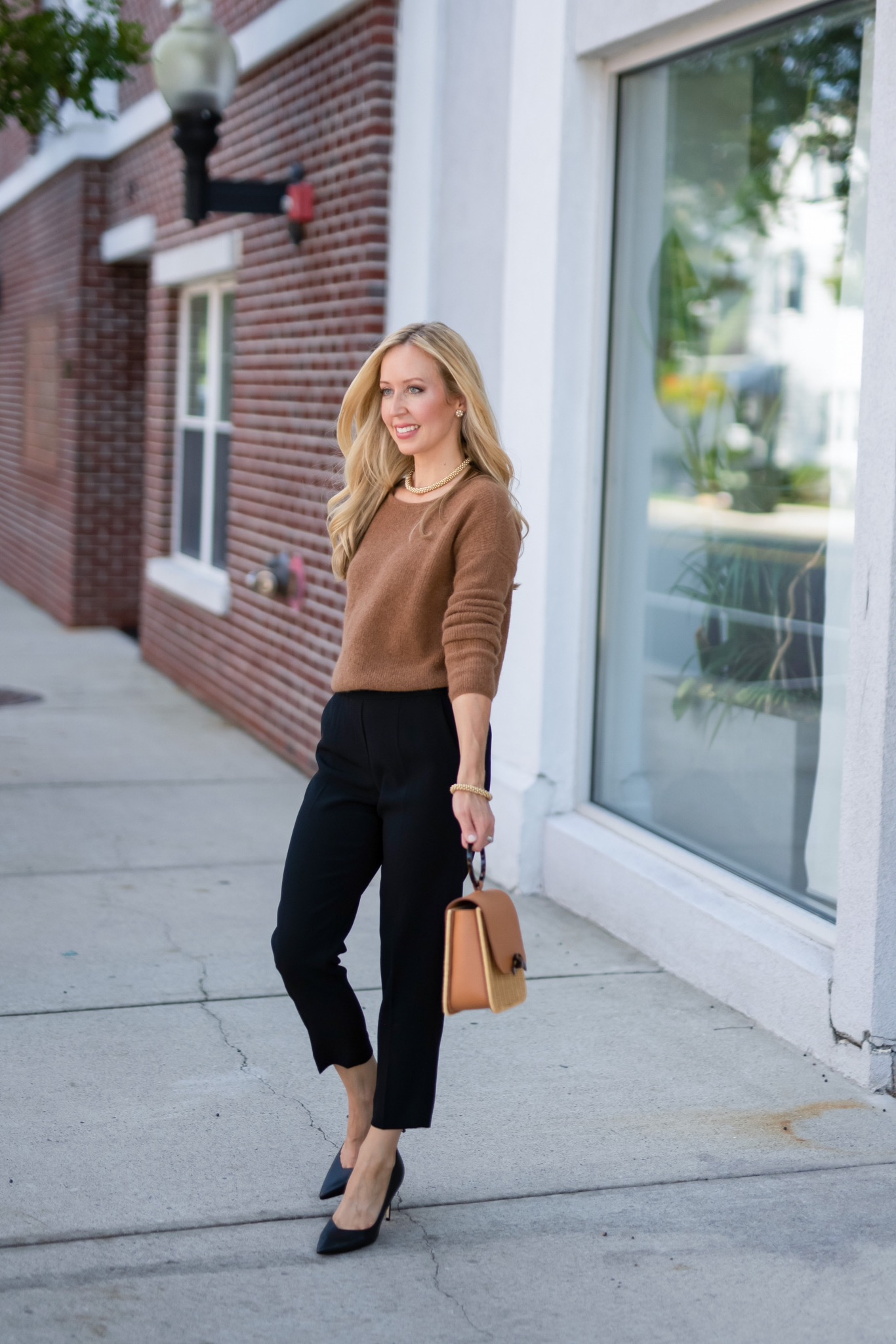 Tan Blazer with Pink Sweater and Wide-Leg Jeans Tan Blazer with Pink Sweater and Wide-Leg Jeans — Business Casual Outfits 2027
