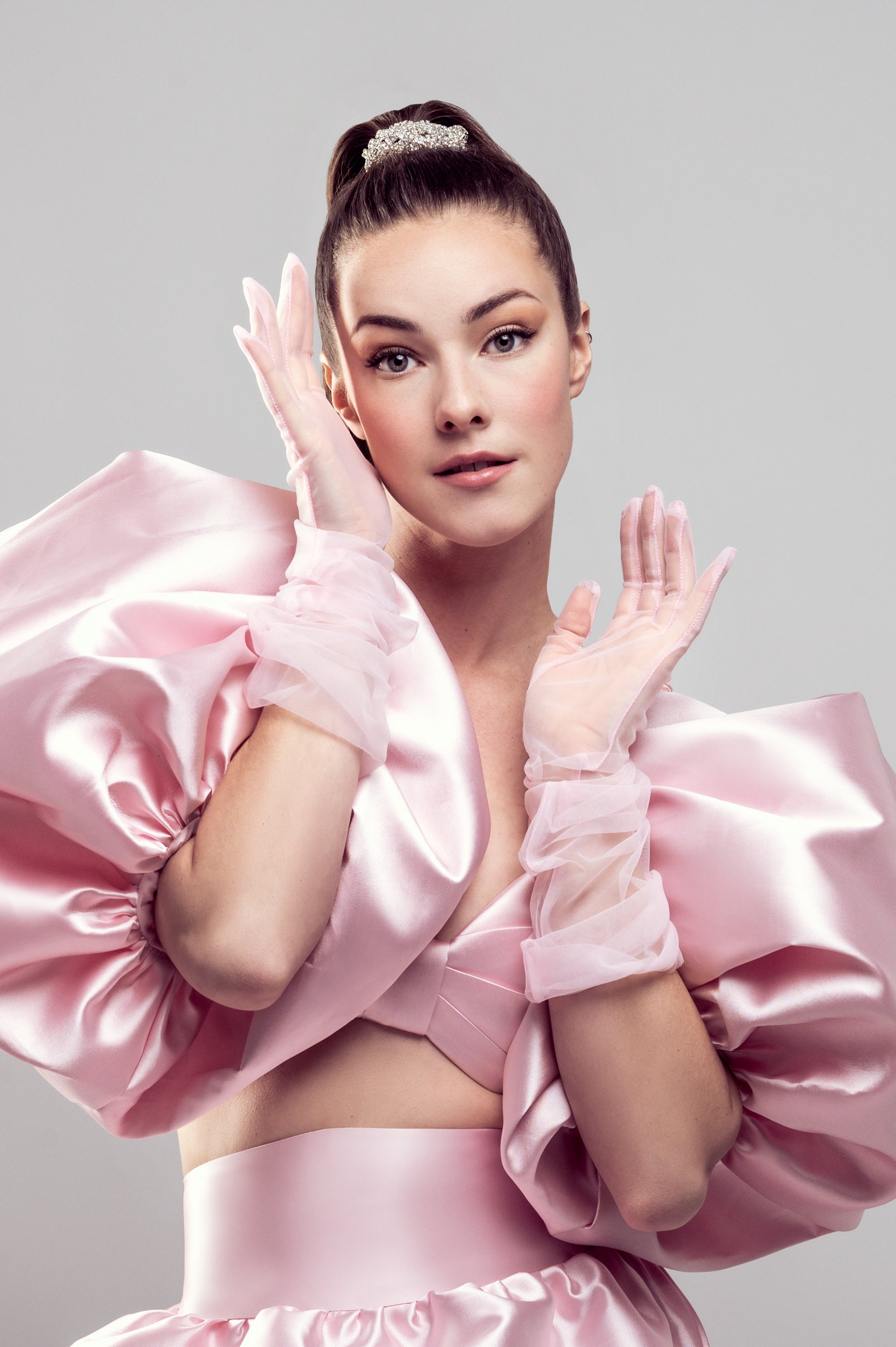 Pale Pink Satin Dress with Puffed Sleeves and Sheer Gloves — Silk Dresses 2027