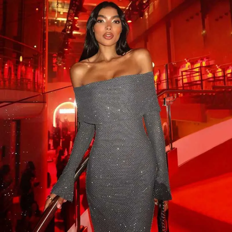 Off-the-Shoulder Charcoal Sequin Dress with Long Sleeves — Sequin Dress New Years 2027