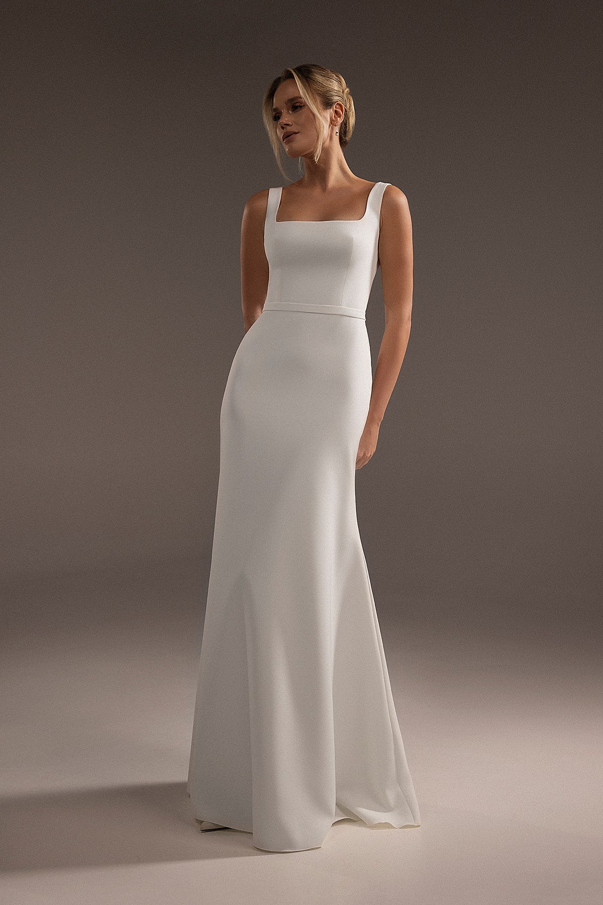 Minimalist White Crepe Sheath Wedding Dress with Sharp Square Neckline Minimalist White Crepe Sheath Wedding Dress with Sharp Square Neckline — Square Neck Wedding Dresses 2027