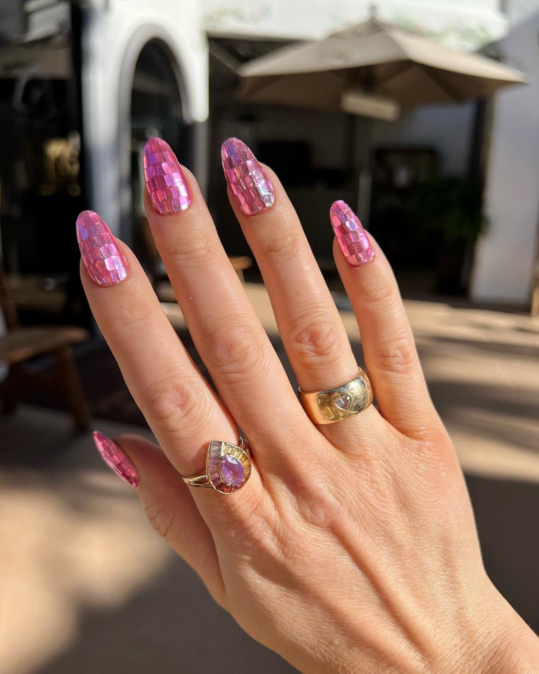 Bright Pink Mosaic Shimmer Long Oval Nails — Winter Oval Nails 2027
