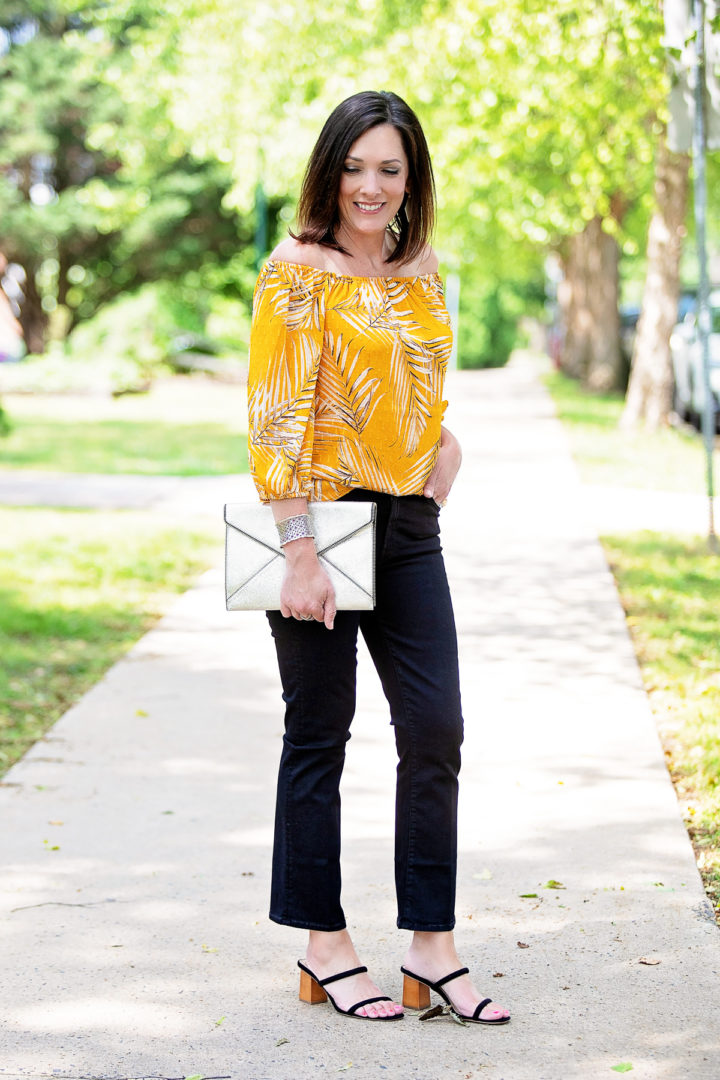 Yellow Palm Print Off-Shoulder Top with Straight-Leg Jeans — Off the Shoulder Top Outfits 2027