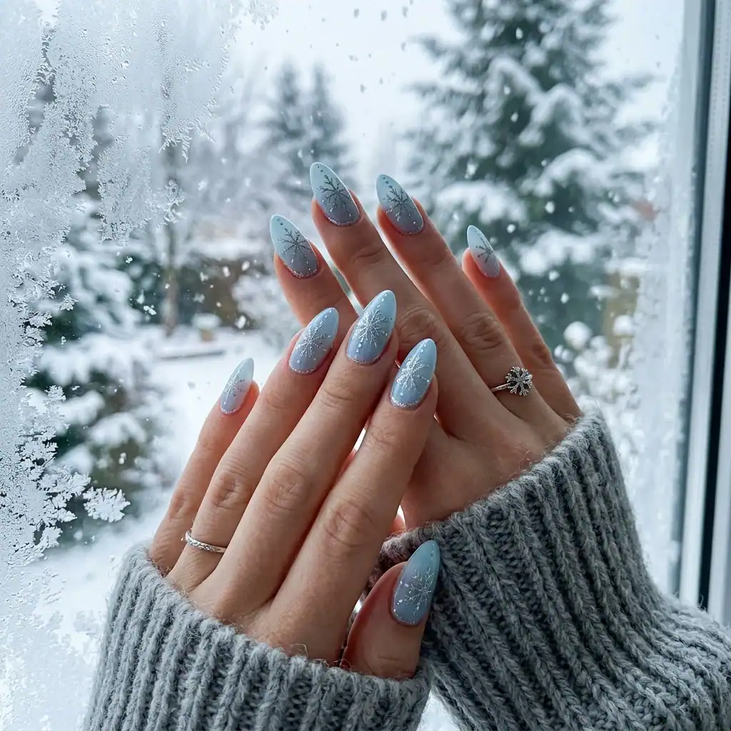 Soft Blue Shimmer Snowflake Almonds Soft Blue Shimmer Snowflake Almonds — Blue Christmas Nails 2026
