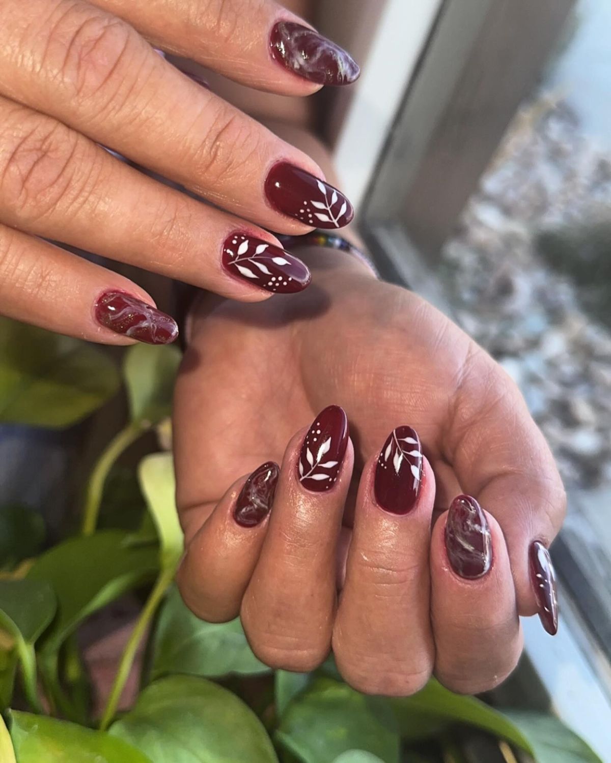 Burgundy Marble With Leaf Motifs — Burgundy Nails 2027