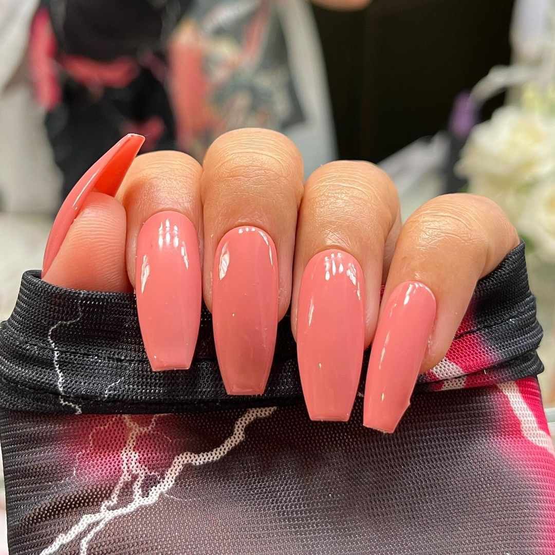 Glossy Vibrant Coral Coffin Nails — Coral Coffin Nails 2027