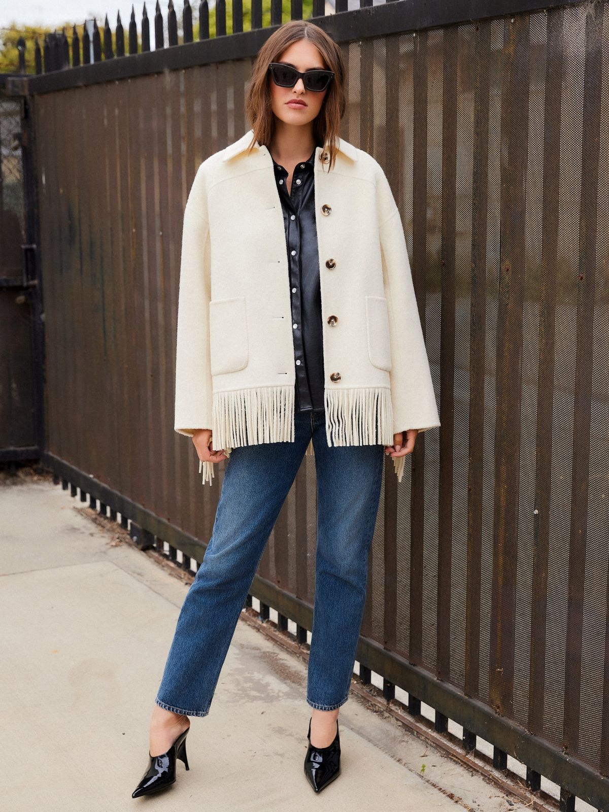 Chic Layering: Cream Fringe Jacket with Black Leather and Denim Chic Layering: Cream Fringe Jacket with Black Leather and Denim — Fringe Jacket Outfits 2027