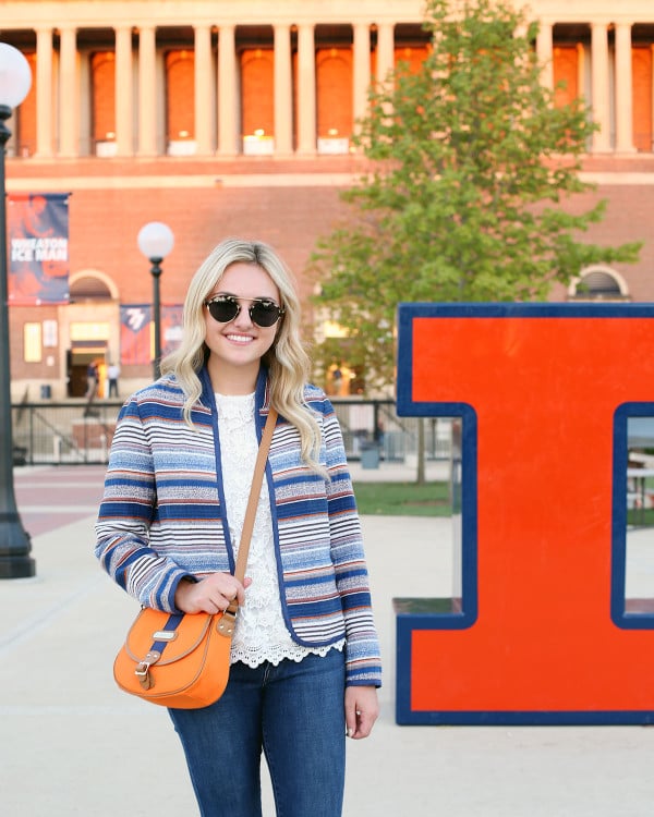 Chic Layers: Striped Jacket Over Lace Top — College Game Day Outfits 2026