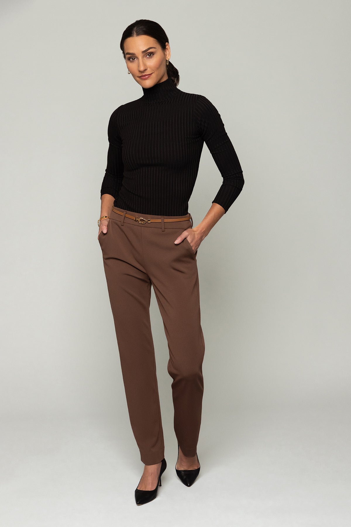 Ribbed Turtleneck and Brown Trousers for a Classic Combination — First Day of Work Outfits 2027