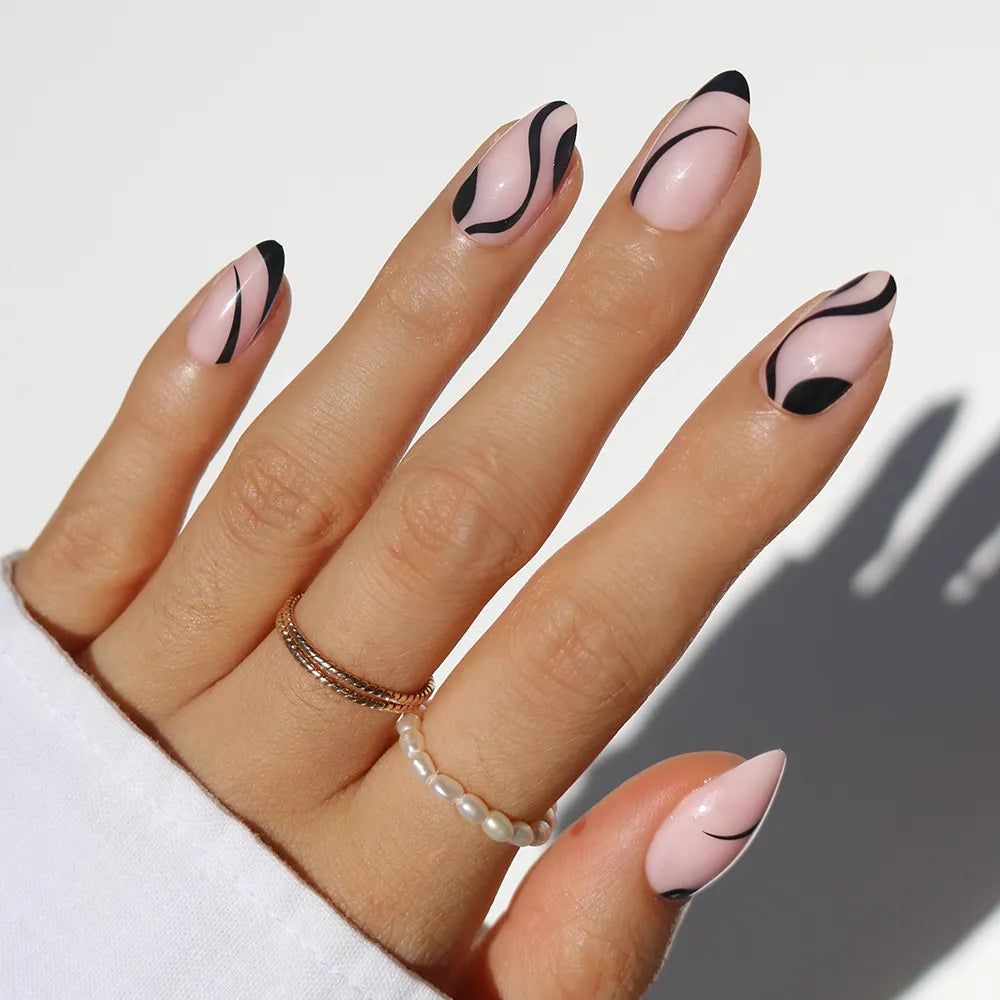 Medium Almond Black Abstract Shapes Medium Almond Black Abstract Shapes — Line Art Nails 2027