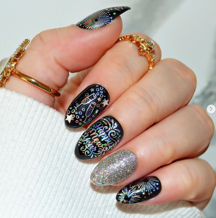 Holographic NYE Text and Motifs Holographic NYE Text and Motifs — New Years Eve Nails 2027