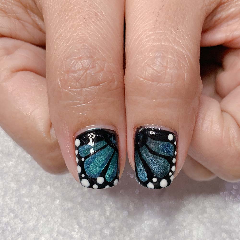 Teal Butterfly Wing Black Dot Nails Teal Butterfly Wing Black Dot Nails — Short Butterfly Round Nails 2027