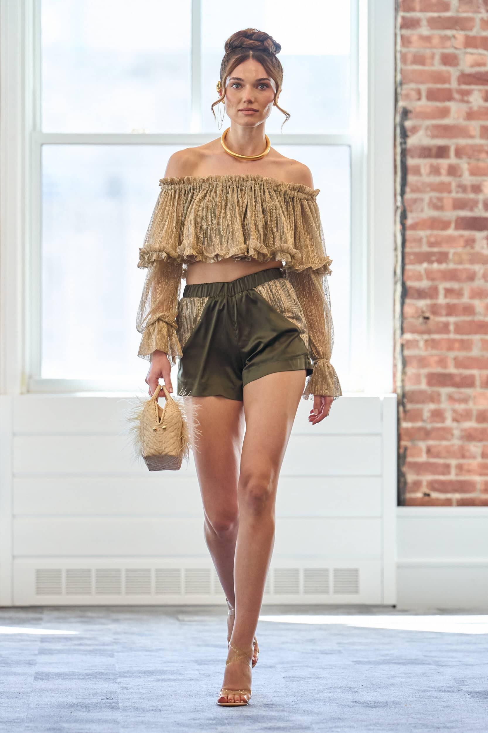 Champagne Gold Off-Shoulder Ruffled Top with Olive Satin Shorts — Off the Shoulder Top Outfits 2027