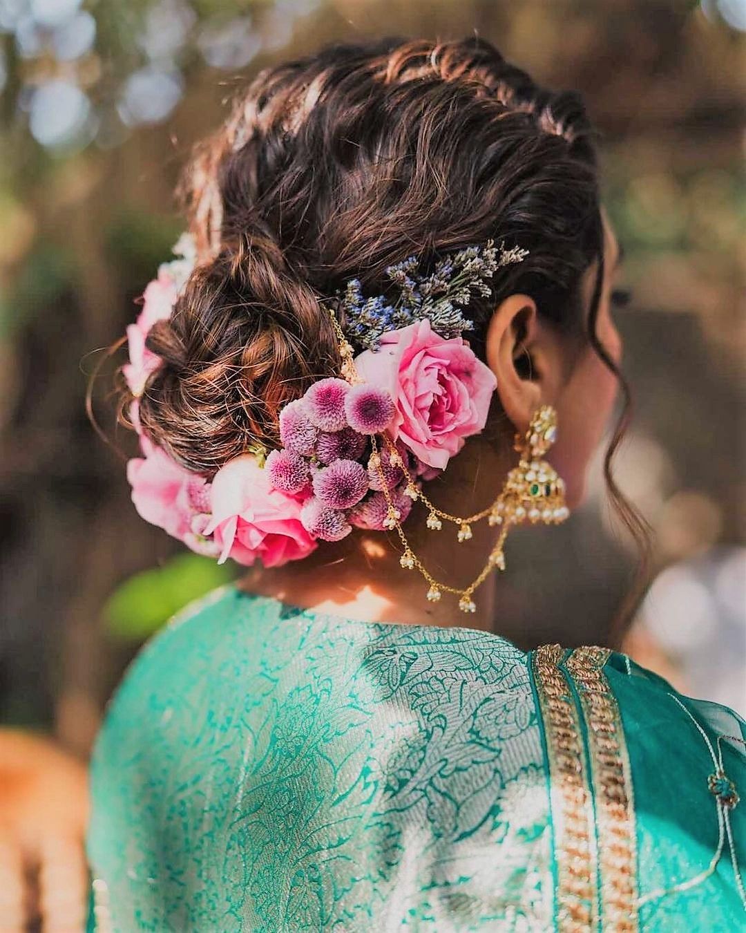 Dark Brown Messy Bun with Pink Roses — Flower Crown Hairstyles 2027