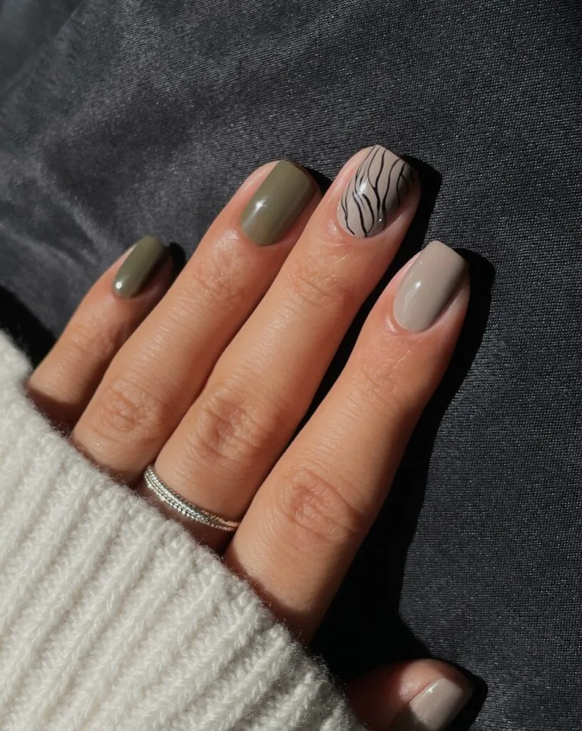Olive Green Black Line Graphic Nails Olive Green Black Line Graphic Nails — Short Fall Nails 2026