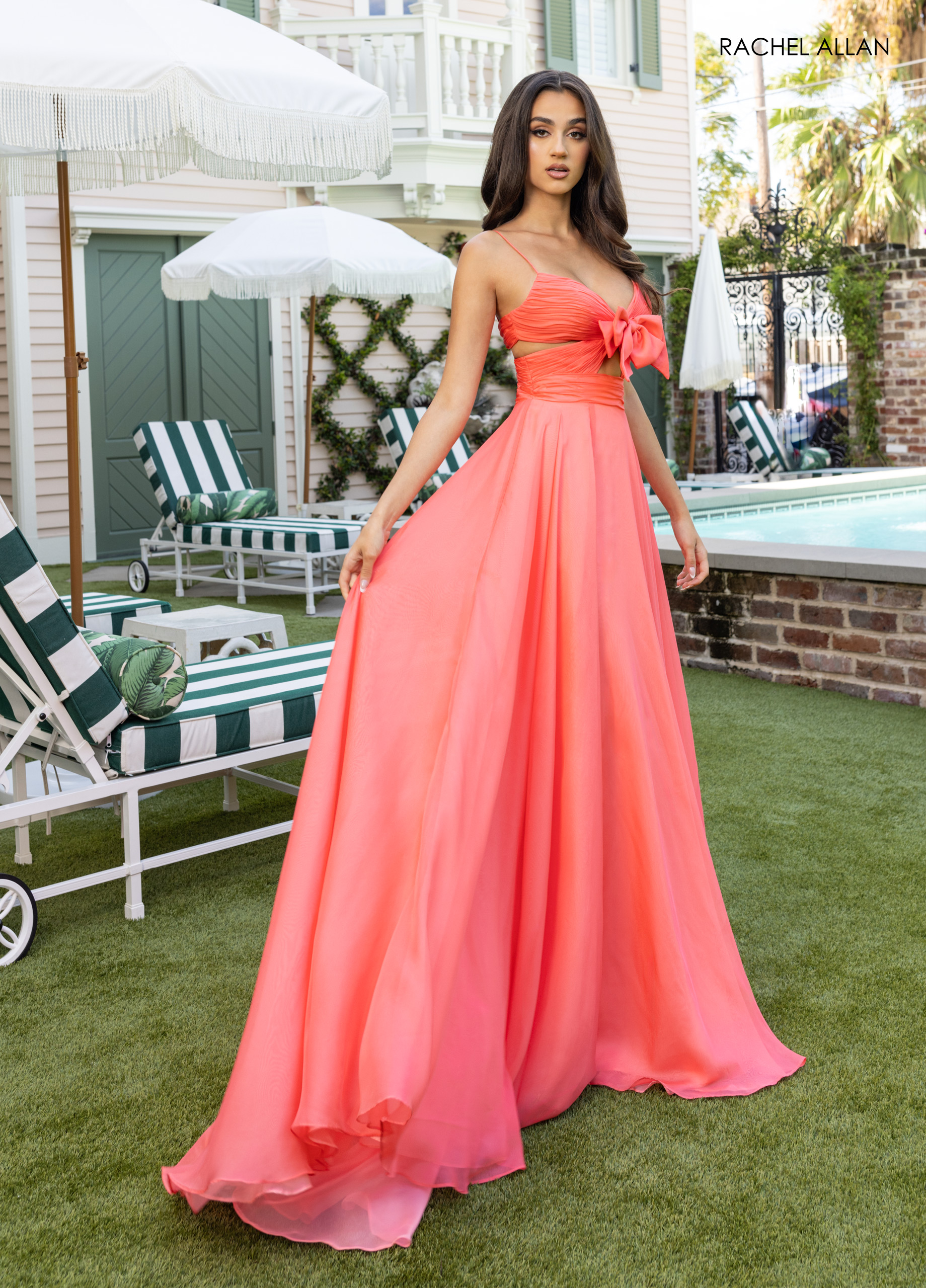 Coral Pink Chiffon Gown with Cutout Bow Detail Coral Pink Chiffon Gown with Cutout Bow Detail — Prom Outfits 2027