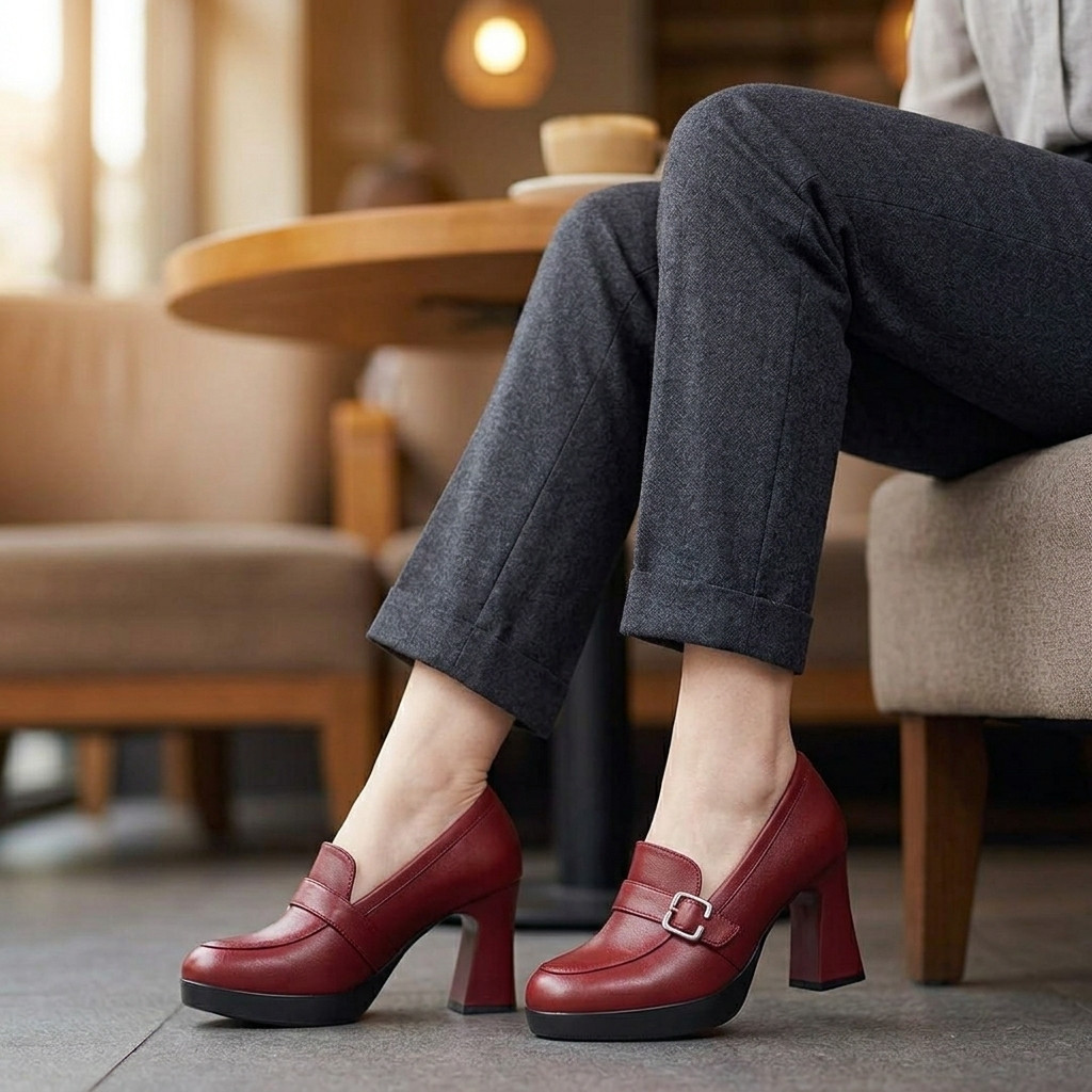 Burgundy Platform Loafers with Grey Knitwear and Trousers Burgundy Platform Loafers with Grey Knitwear and Trousers — Comfortable Heels 2027