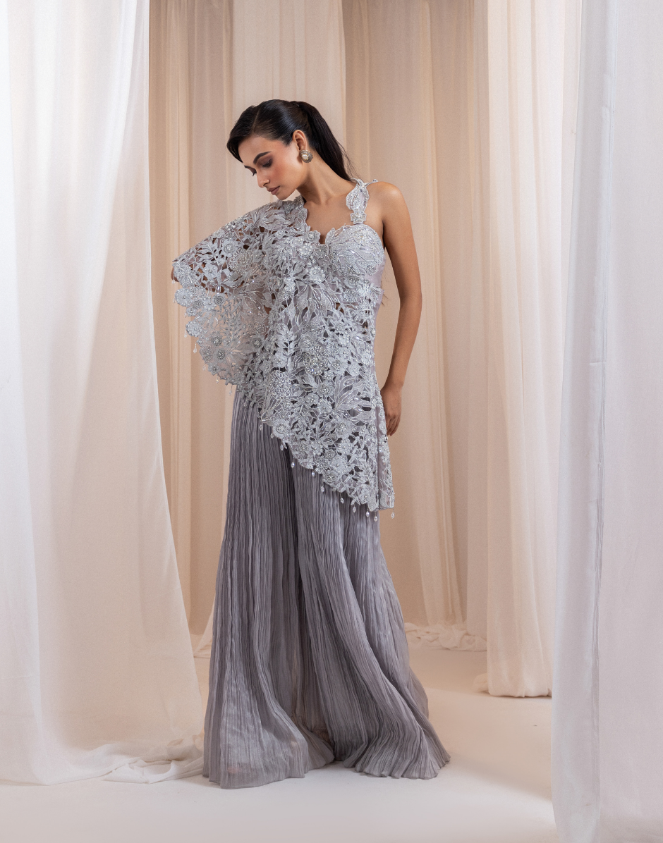 Grey Bustier with Asymmetric Drape and 3D Floral Lace — 3D Floral Outfits 2027
