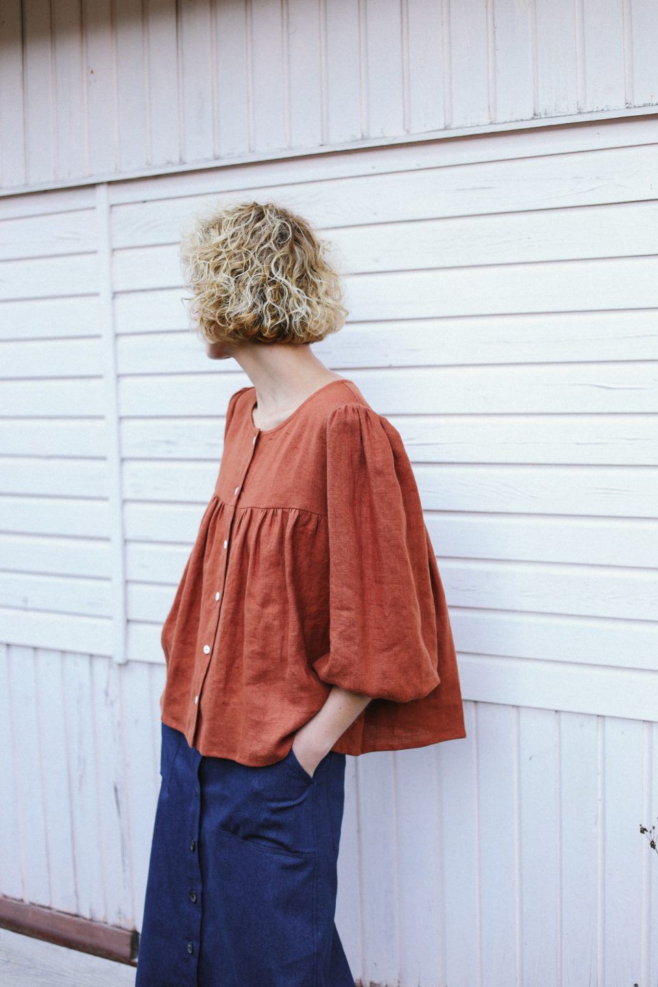 Burnt Orange Linen Puff Sleeve Blouse with Gathered Waist and Denim Skirt Burnt Orange Linen Puff Sleeve Blouse with Gathered Waist and Denim Skirt — Puff Sleeve Blouse Outfits 2027