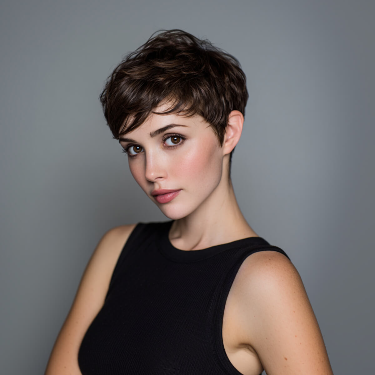 Straight Fine Polished Dark Brown Pixie with Side Bangs Straight Fine Polished Dark Brown Pixie with Side Bangs — Pixie 2027 with Bangs