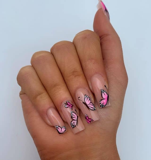 Hand-Painted Pink Butterfly on Nude Hand-Painted Pink Butterfly on Nude — Short Butterfly Coffin Nails 2027
