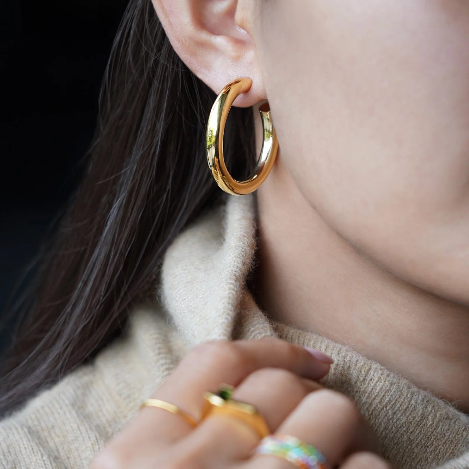 Thick Gold Hoops with Knitwear for Cozy Everyday Style Thick Gold Hoops with Knitwear for Cozy Everyday Style — Gold Hoops Outfits 2027