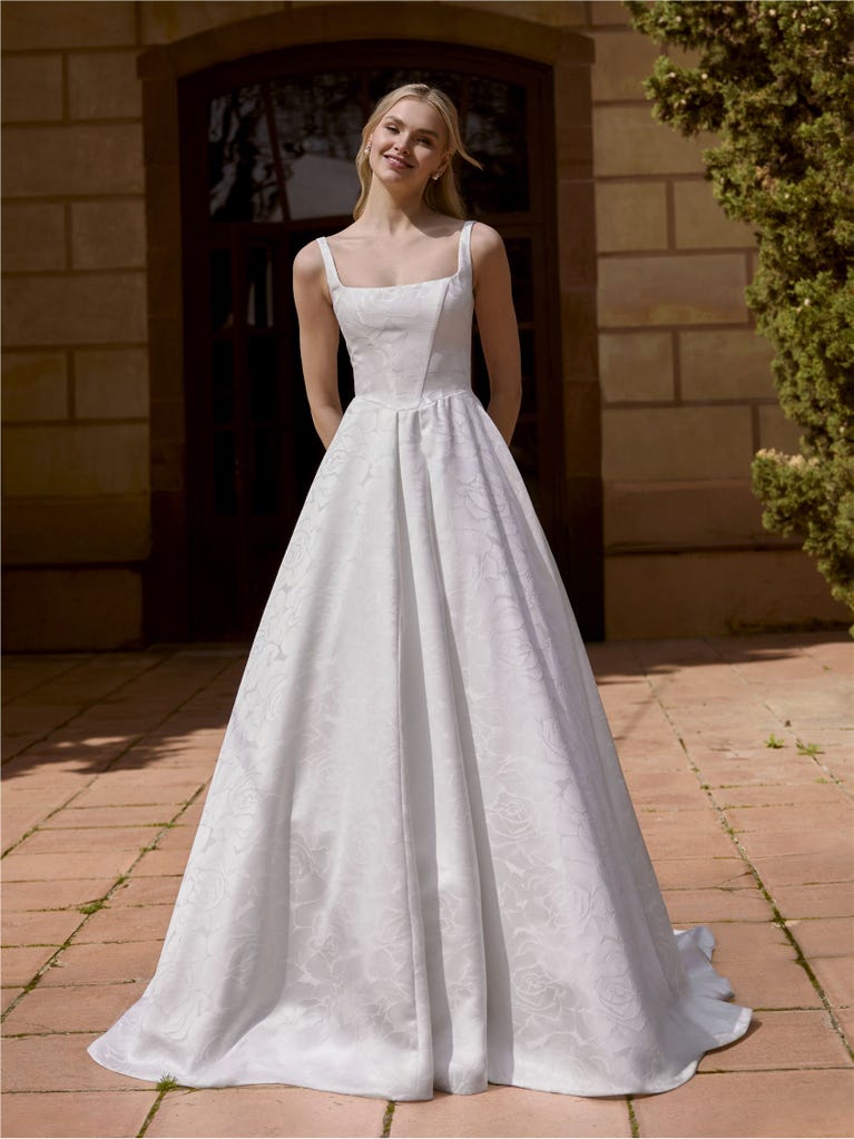 Wedding Ivory Textured Brocade A-Line Ballgown with Square Neckline Wedding Ivory Textured Brocade A-Line Ballgown with Square Neckline — Square Neck Wedding Dresses 2027