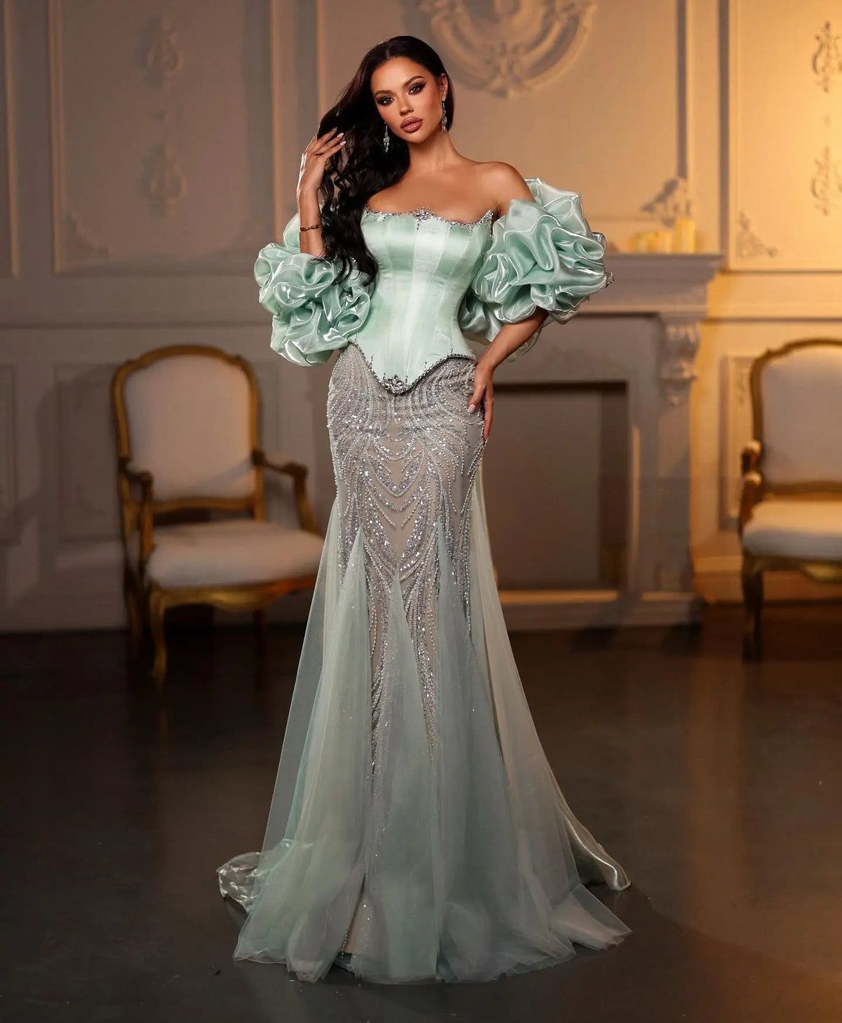 Mint Green Mermaid Dress with Voluminous Puff Sleeves Mint Green Mermaid Dress with Voluminous Puff Sleeves — Mermaid Gala Dress 2027