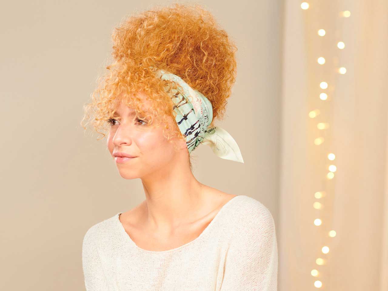 Curly Honey Blonde Updo With Scarf Curly Honey Blonde Updo With Scarf — Scarf Hairstyles 2027