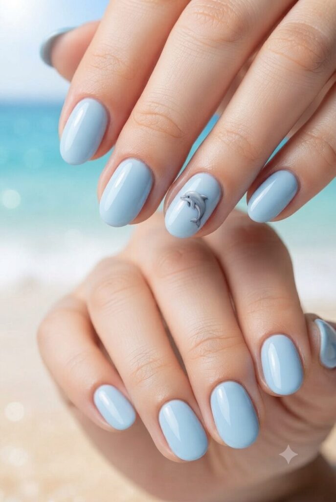 Pastel Blue with Dolphin Decal Short Oval Nails Pastel Blue with Dolphin Decal Short Oval Nails — Oval Nails 2027