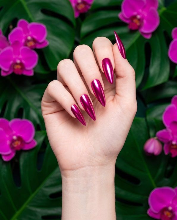 Solid Color Metallic Magenta Chrome Stiletto Nails Solid Color Metallic Magenta Chrome Stiletto Nails — Magenta Nails 2027
