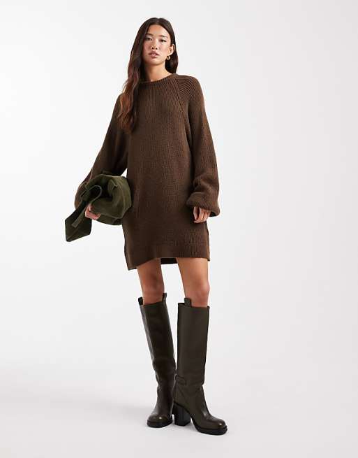 Dark Olive Green Knee-High Boots Brown Oversized Knit Sweater Dress with Knee-High Boots — Sweatshirt Dress 2027