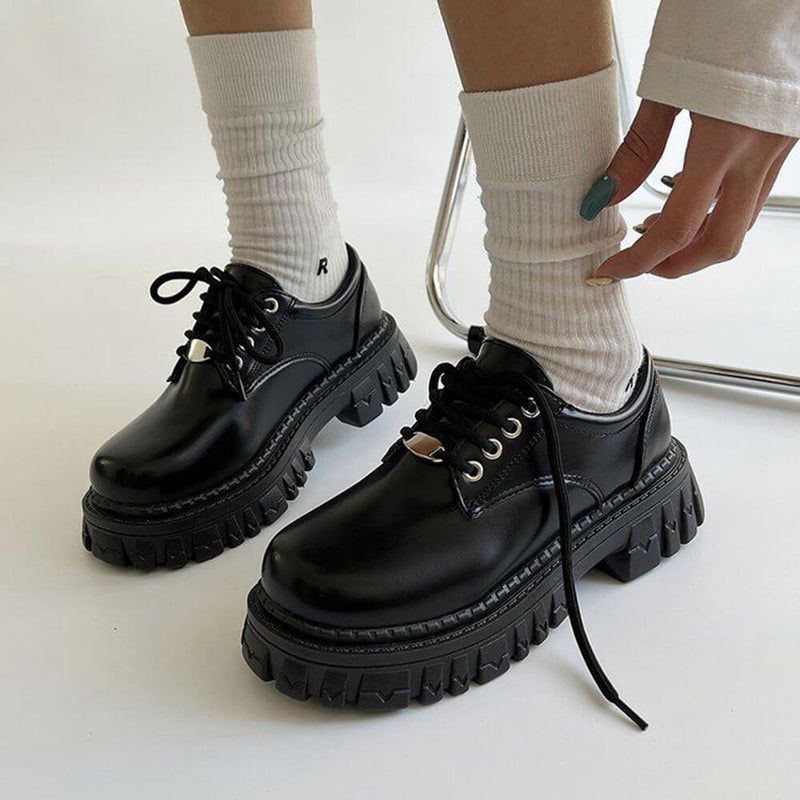 White Socks Black Chunky Platform Lace-Up Shoes White Socks Black Chunky Platform Lace-Up Shoes — Goth Lace Outfits 2027