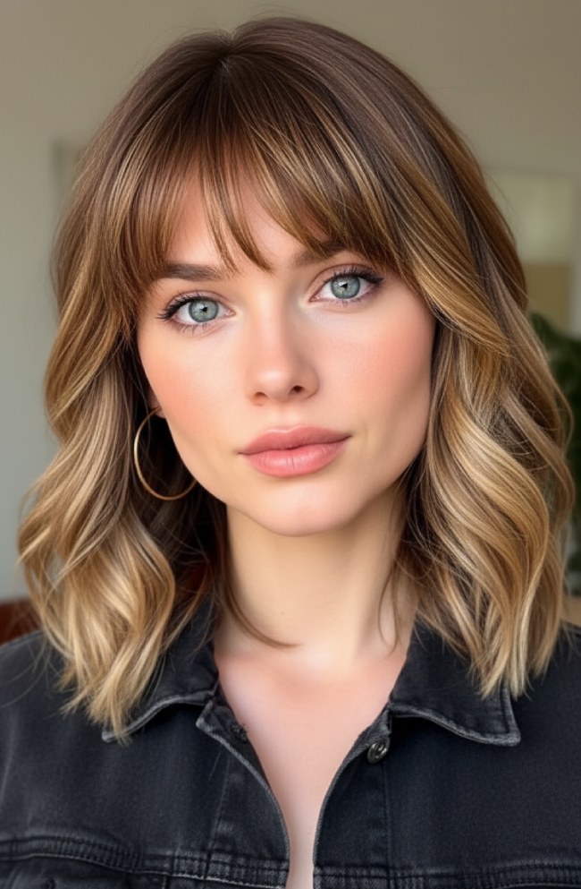 Collarbone Lob With Fringe Golden Beige Balayage — Balayage on Wavy Hair 2027