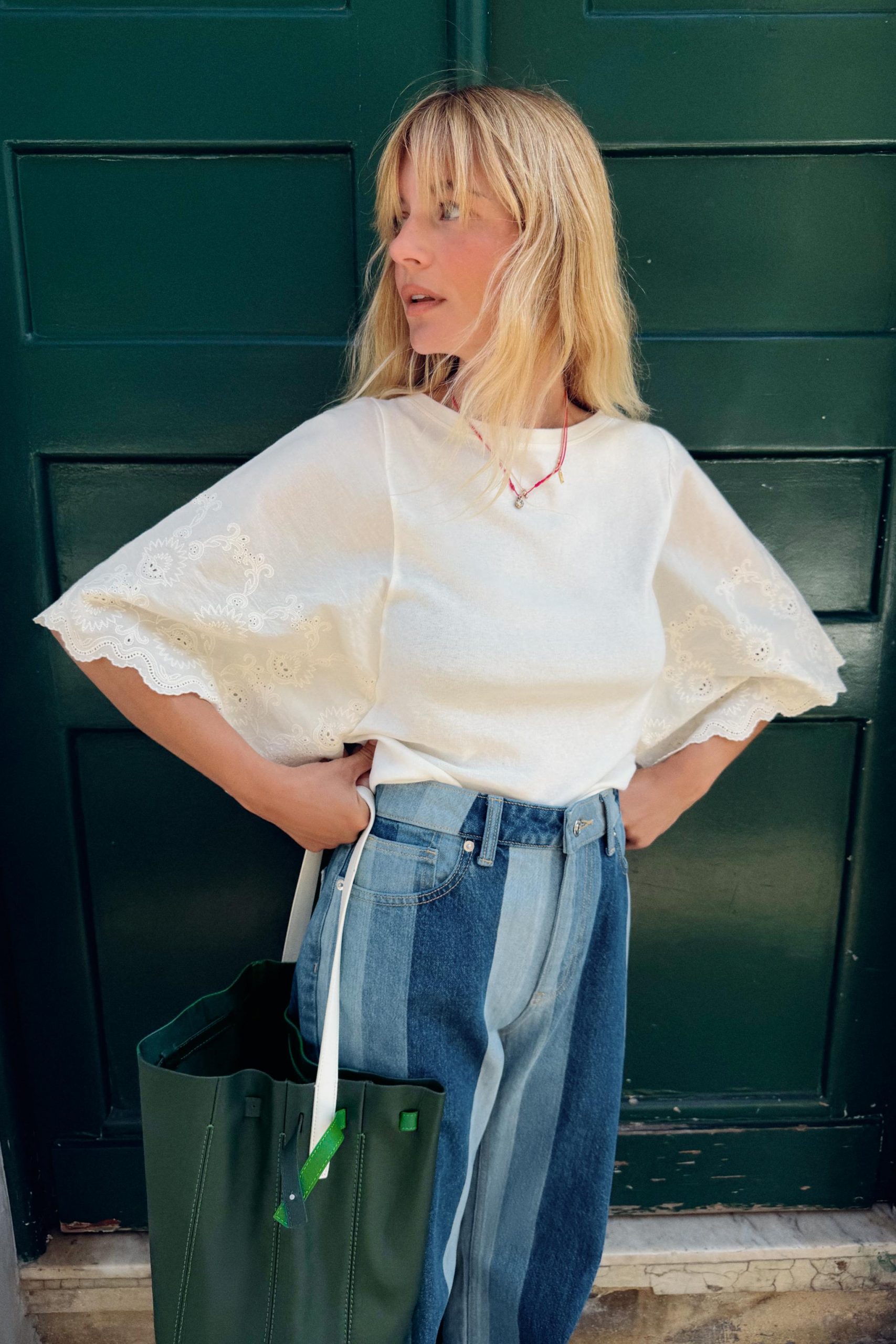 White Eyelet Top with Striped Wide-Leg Jeans White Eyelet Top with Striped Wide-Leg Jeans — Zara Outfits 2027