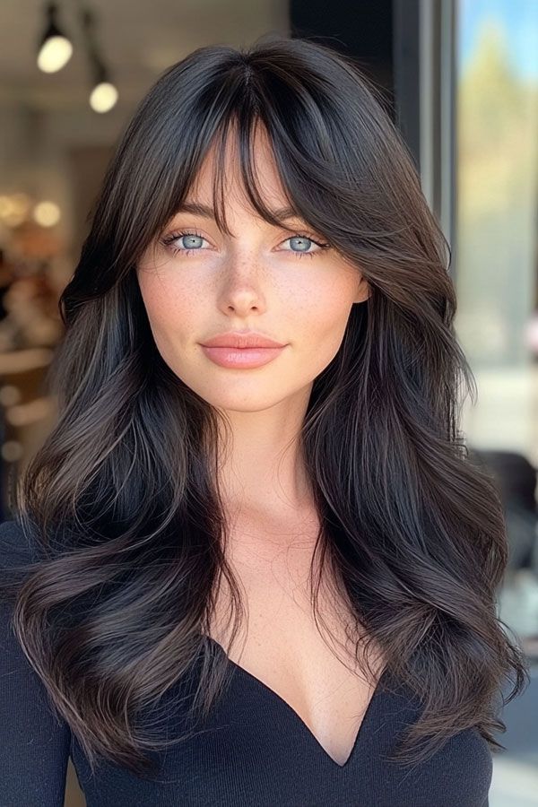 Mid-Back Layers With Black Curtain Bangs Mid-Back Layers With Black Curtain Bangs — Black Bangs 2027