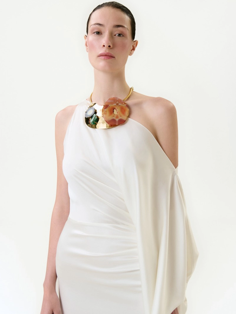 White Satin One-Shoulder Dress with Draped Sleeve for Chic Resort Nights — Vacation Dresses 2027