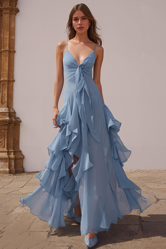 Light Blue Chiffon Maxi Dress with Knotted Bust and Tiered Skirt Light Blue Chiffon Maxi Dress with Knotted Bust and Tiered Skirt — Wedding Guest Dresses 2027