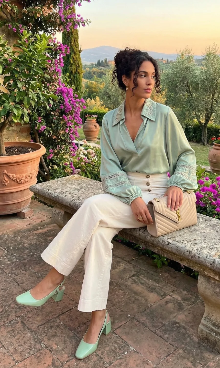 Embroidered Silk Blouse with Cream Cropped Pants Embroidered Silk Blouse with Cream Cropped Pants — Business Casual Outfits 2027