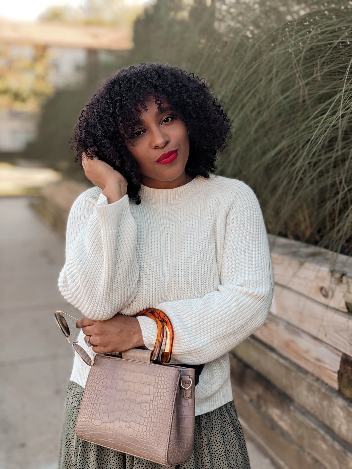 Cream Crewneck Sweater with Patterned Midi Skirt — Sweater and Skirt Outfits 2027