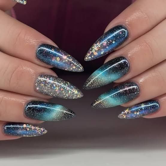 Black Blue Teal Glitter Galaxy Stilettos Black Blue Teal Glitter Galaxy Stilettos — Galaxy Nails 2027