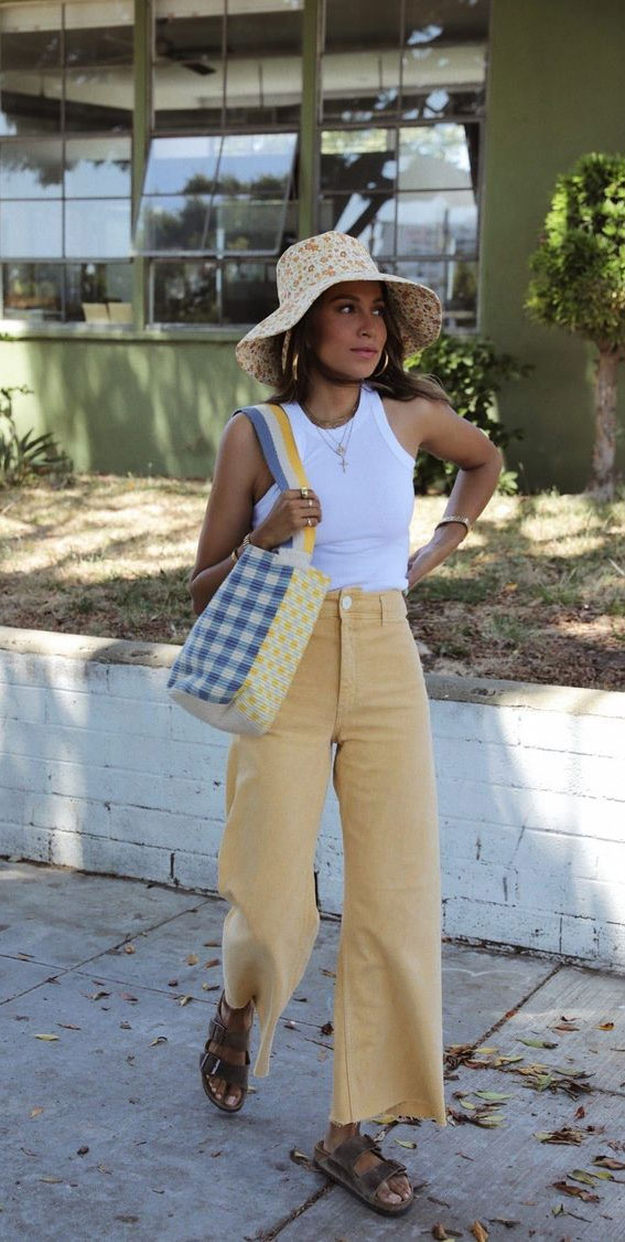 Vibrant Yellow Corduroy Pants with a White Tank Vibrant Yellow Corduroy Pants with a White Tank — Summer Everyday Outfits 2027